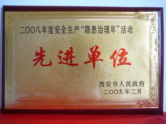 2009年2月，，，被西安市人民政府评为2008年度清静生产“隐患治理年”运动先进单位